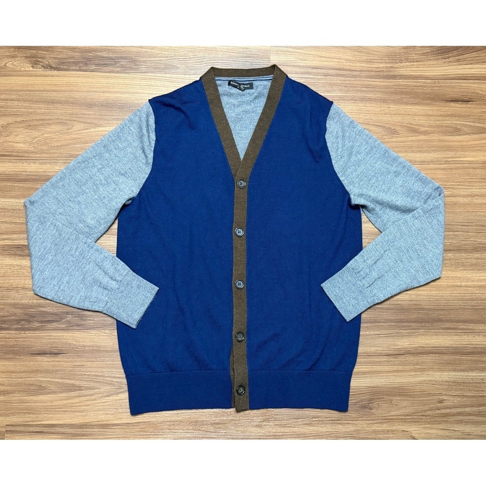 Banana Republic Merino Wool Blend Colorblock Cardigan Blue Grey Brown Sz L